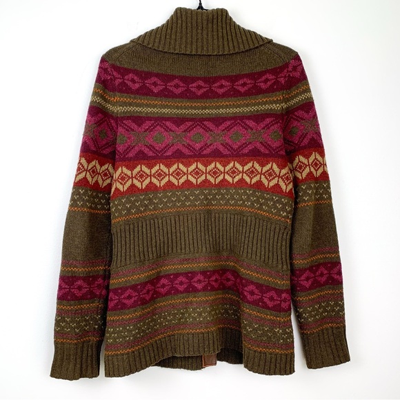 Eddie Bauer Olive Green, Burgundy & Rust Fair Isle Cardigan Sweater - Picture 2 of 10